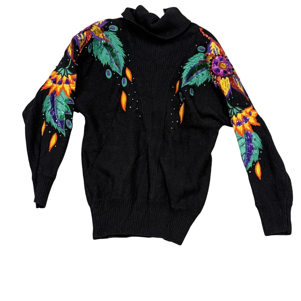 Vintage Raoul‎ Sweater Womens Small Black Beaded Embroidered Turtleneck 80s
